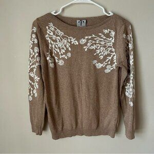 Rain + Rose Angora Blend Tan White Floral Embroidered Sweater Crewneck Size XS